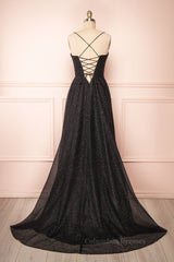 Bridesmaid Dresses Blues, Sparkly Black Lace-Up A-line Sweetheart Long Prom Dress