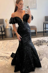 Sparkly Black Sequin Off the Shoulder Long Prom Dress