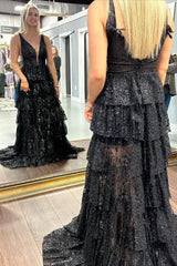 Sparkly Black Tiered Long Prom Dress with Slit