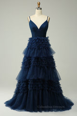 Mother Of The Bride Dress, Sparkly Dark Navy Plunging V Neck Multi-Layers Long Prom Dress