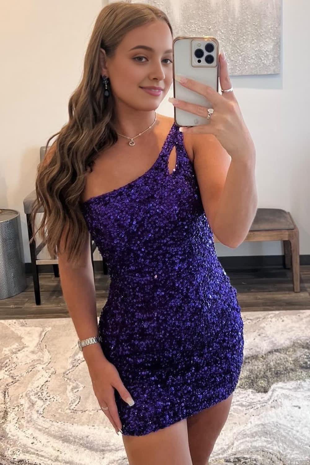 Sparkly Dark Purple Open Back One Shoulder Sequins Tight Homecoming Dress