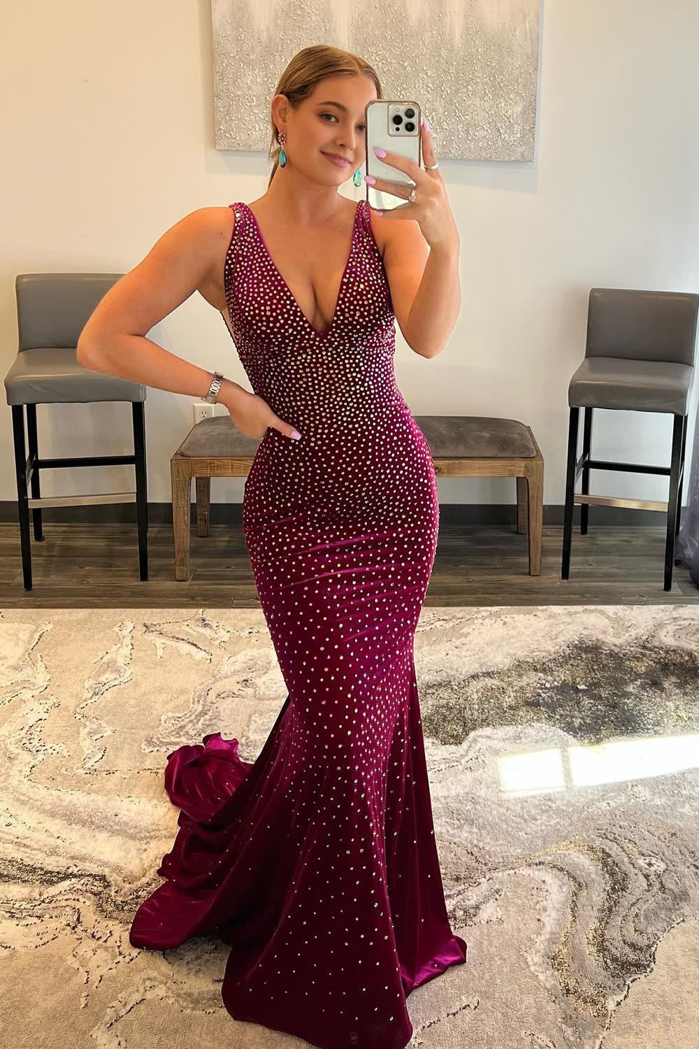 Sparkly Fuchsia Sequins Backless Mermaid Long Prom Dress