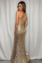 Sparkly Golden One Shoulder Mermaid Sequins Long Prom Dress  with Fringes