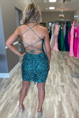 Sparkly Green Backless Spaghetti Straps Tight Short Homecoming Dress