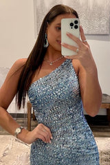 Sparkly Grey Blue Beaded One Shoulder Long Prom Dress with Slit