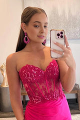 Sparkly Hot Pink Corset Long Prom Dress with Slit