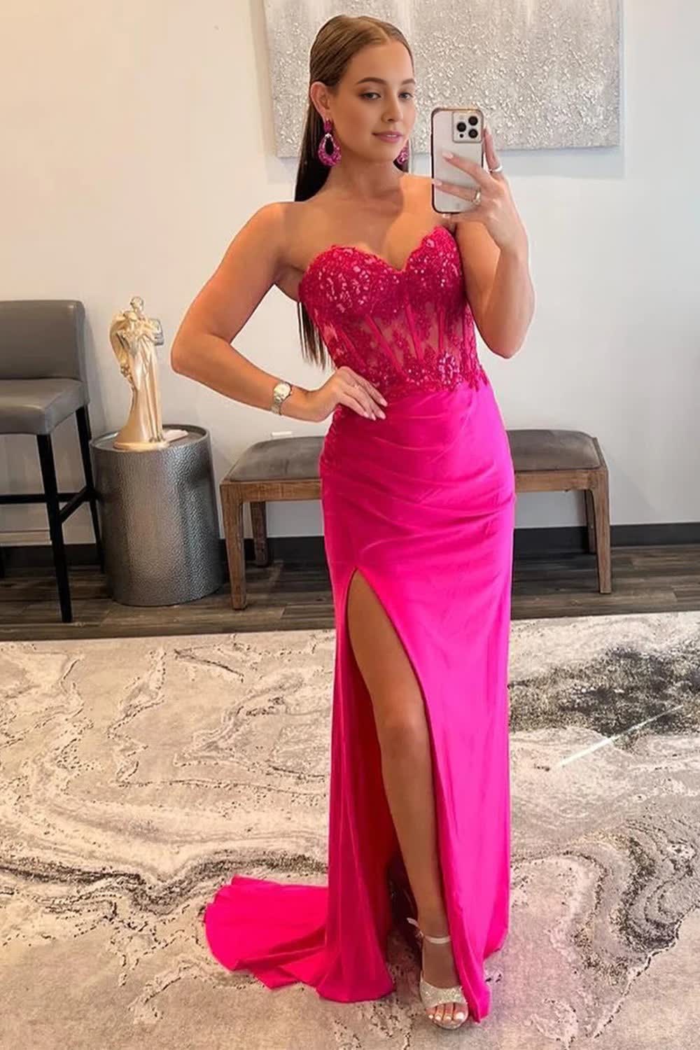 Sparkly Hot Pink Corset Long Prom Dress with Slit