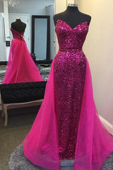 Sparkly Hot Pink Detachable Train Sequins Long Prom Dress