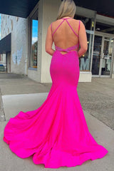 Sparkly Hot Pink Mermaid Sequins Open Back Long Prom Dress