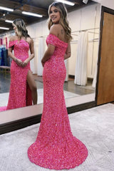 Sparkly Hot Pink One Shoulder Sequins Long Prom Dress