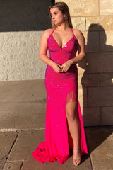 Sparkly Hot Pink Sequins Mermaid Long Prom Dress with Fringes