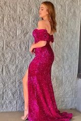 Sparkly Hot Pink Sequins Mermaid Long Prom Dress with Slit