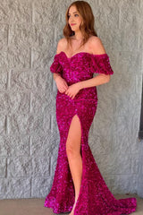 Sparkly Hot Pink Sequins Mermaid Long Prom Dress with Slit