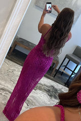 Sparkly Hot Pink Sheath Sequins Long Prom Dress with Slit
