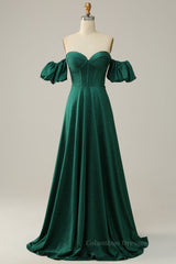 Wedding Bouquet, Sparkly Hunter Green Off-the-Shoulder Puff Sleeves A-line Long Prom Dress