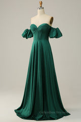 Bridesmaid Dresses Yellow, Sparkly Hunter Green Off-the-Shoulder Puff Sleeves A-line Long Prom Dress