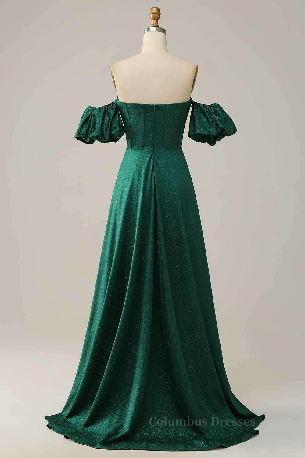 Bridesmaid Dresses Floral, Sparkly Hunter Green Off-the-Shoulder Puff Sleeves A-line Long Prom Dress