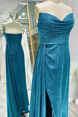 Evening Dress For Wedding Guest, Sparkly Ink Blue Strapless Pleated Long Prom Dress with Slit