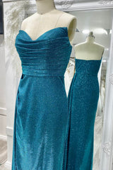 Evening Dresses For Wedding Guest, Sparkly Ink Blue Strapless Pleated Long Prom Dress with Slit