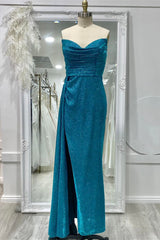 Evening Dresses For Weddings Guest, Sparkly Ink Blue Strapless Pleated Long Prom Dress with Slit