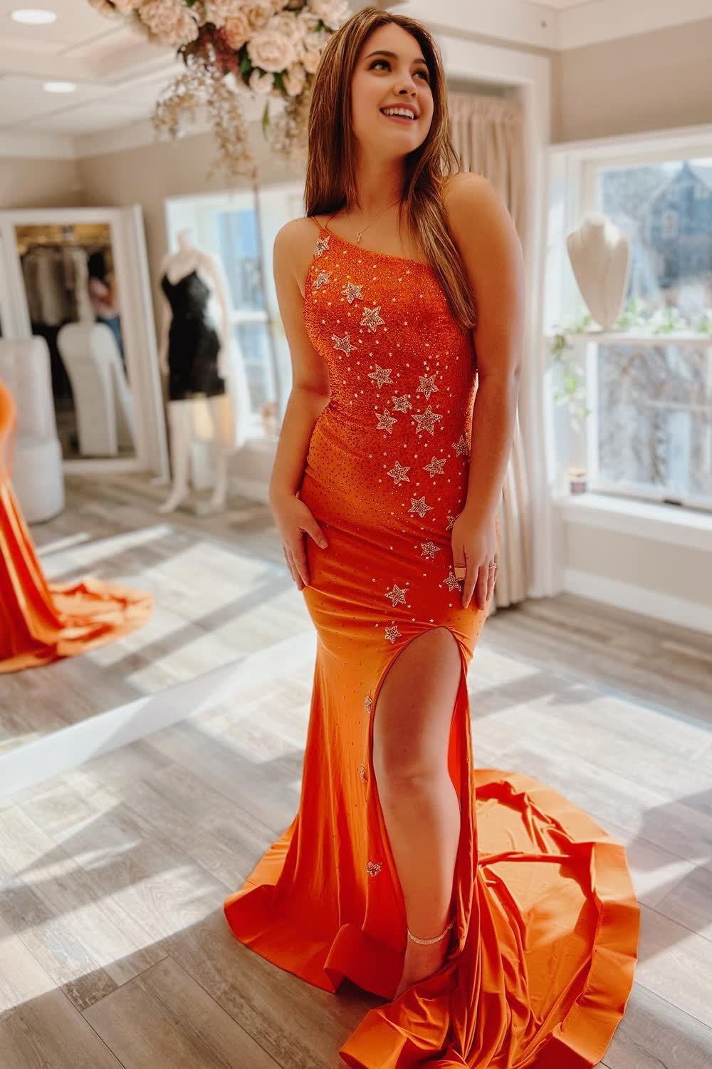 Sparkly Mermaid One Shoulder Orange Long Prom Dress with Star Appliques