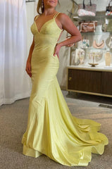 Sparkly Mermaid Spaghetti Straps Yellow Sequins Long Prom Dress
