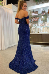 Sparkly Navy Corset Mermaid Sequins Long Prom Dress  with Slit