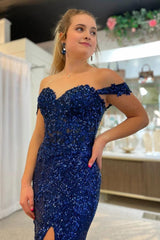 Sparkly Navy Corset Mermaid Sequins Long Prom Dress  with Slit