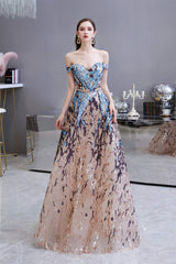 Bridesmaid Dress With Sleeve, Sparkly Off-the-Shoulder Sequins A line Prom Dresses Floor Length