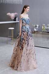 Bridesmaids Dress With Sleeves, Sparkly Off-the-Shoulder Sequins A line Prom Dresses Floor Length
