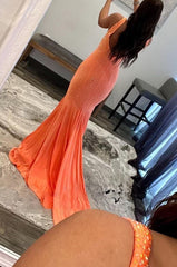 Sparkly Orange Beaded Mermaid Long Prom Dress