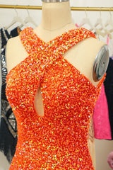 Sparkly Orange Cross V-Neck Sequins Tight Homecoming Dress