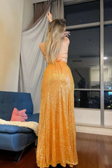 Sparkly Orange Mermaid Sequins Long Prom Dress