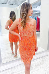 Sparkly Orange One Shoulder Sequins Tight Homecoming Dress with Feathers