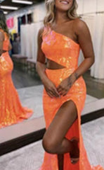 Sparkly Orange Sequin One Shoulder Long Prom Dress with Slit