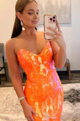 Sparkly Orange Sequin Sweetheart Lace-Up Back Long Prom Dress