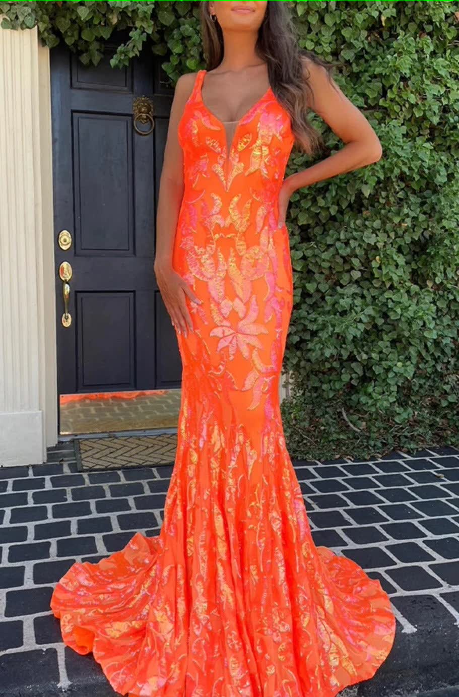 Sparkly Orange Sequin V-Neck Mermaid Long Prom Dress