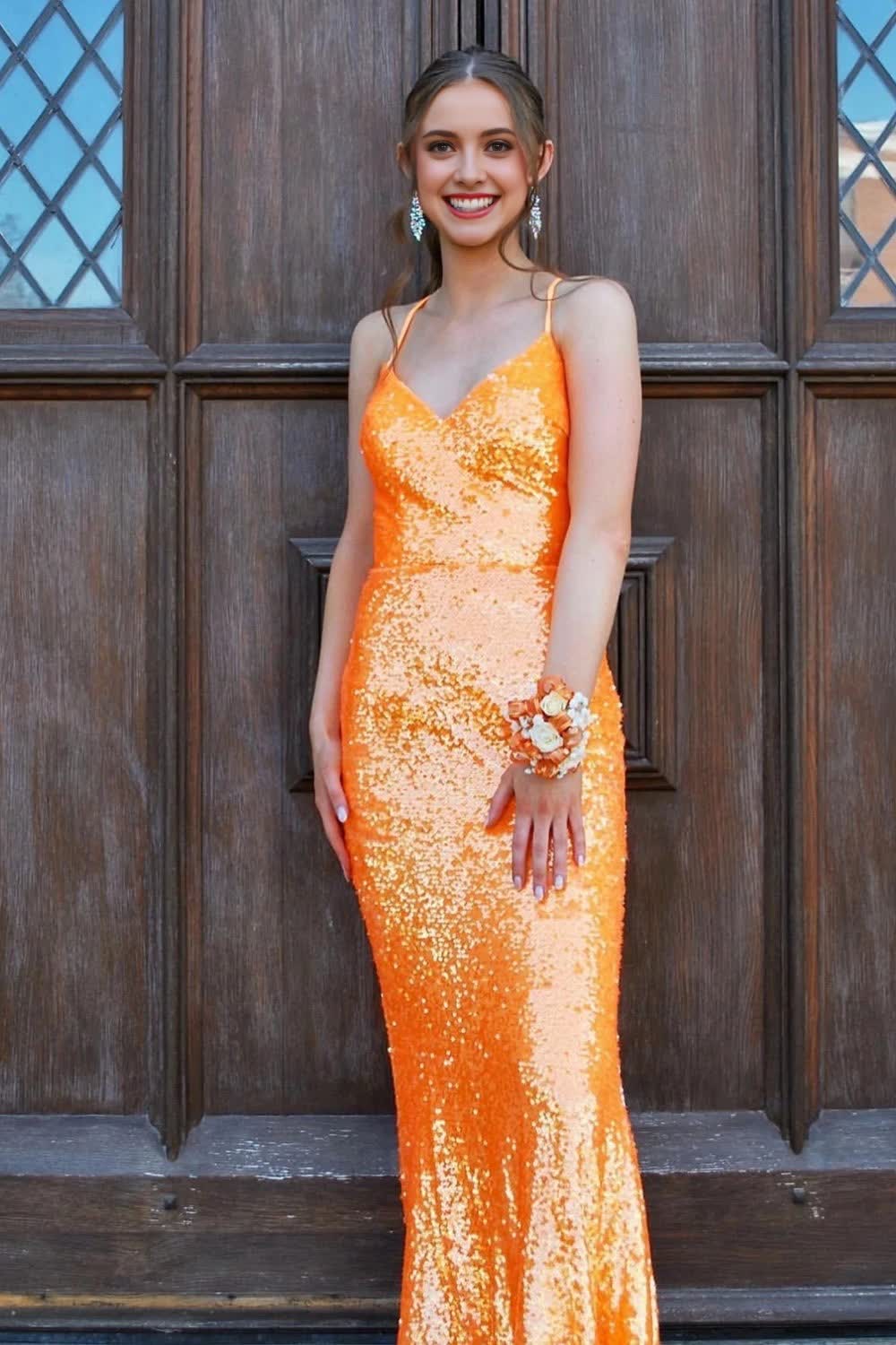Sparkly Orange Sequins Mermaid Long Prom Dress