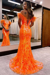 Sparkly Orange Sequins Off the Shoulder Mermaid Long Prom Dress with Feathers