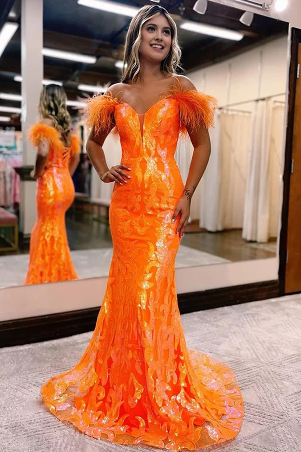 Sparkly Orange Sequins Off the Shoulder Mermaid Long Prom Dress with Feathers