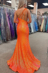 Sparkly Orange Sequins One Shoulder Mermaid Long Prom Dress with Fringes