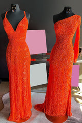 Sparkly Orange Sequins One Shoulder One Sleeve Long Prom Dress