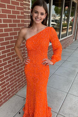 Sparkly Orange Sequins One Shoulder One Sleeve Long Prom Dress