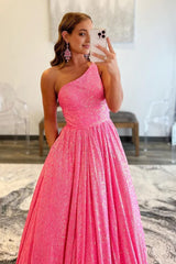 Sparkly Pink One Shoulder A Line Sequins Prom Dress
