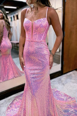 Sparkly Pink Sequin Long Mermaid Corset Prom Dress