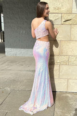 Sparkly Pink Sequins Long Prom Dress with Lace