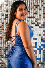 Sparkly Plus Size Blue Spaghetti Straps Short Prom Dress with Beading