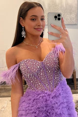 Sparkly Purple Beaded Long Prom Dress with Ruffles