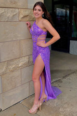 Sparkly Purple Sequins Cut-Out Long Prom Dress