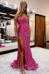 Sparkly Purple Sequins Mermaid Long Prom Dress with Slit